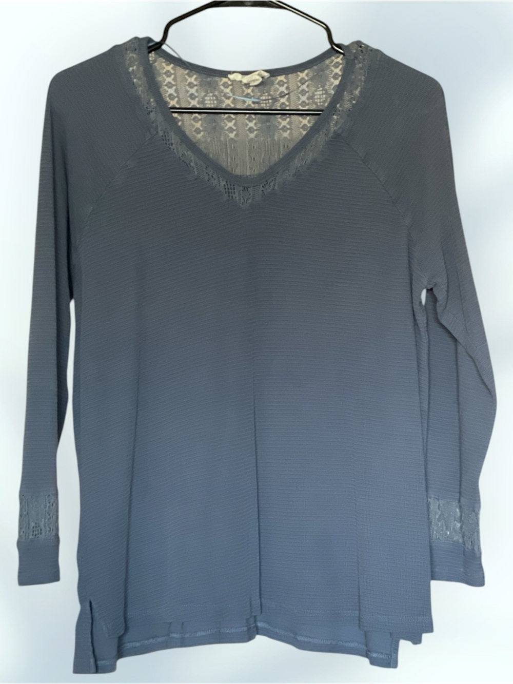 Coldwater Creek Slate Blue Long-Sleeve V-Neck Top with Lace Trim